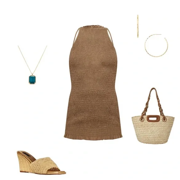 Free People Iyla Smocked Bodycon Mini Dress XS Tan Retro Square High Neck - Picture 6 of 7